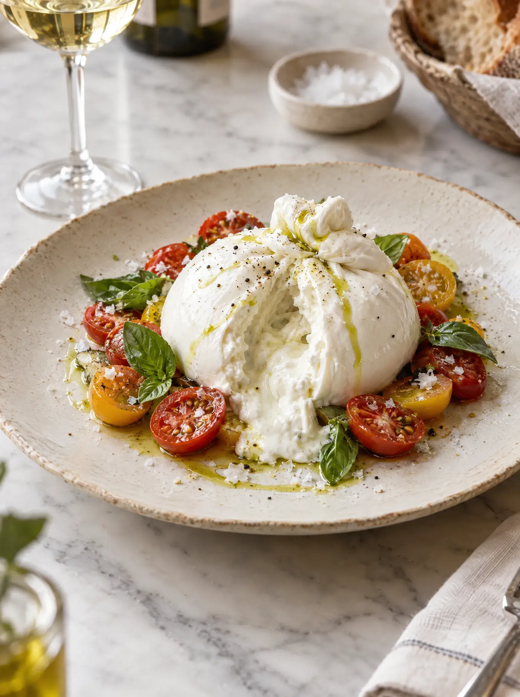 Burrata mit Kirschtomaten, Basilikum und Olivenöl