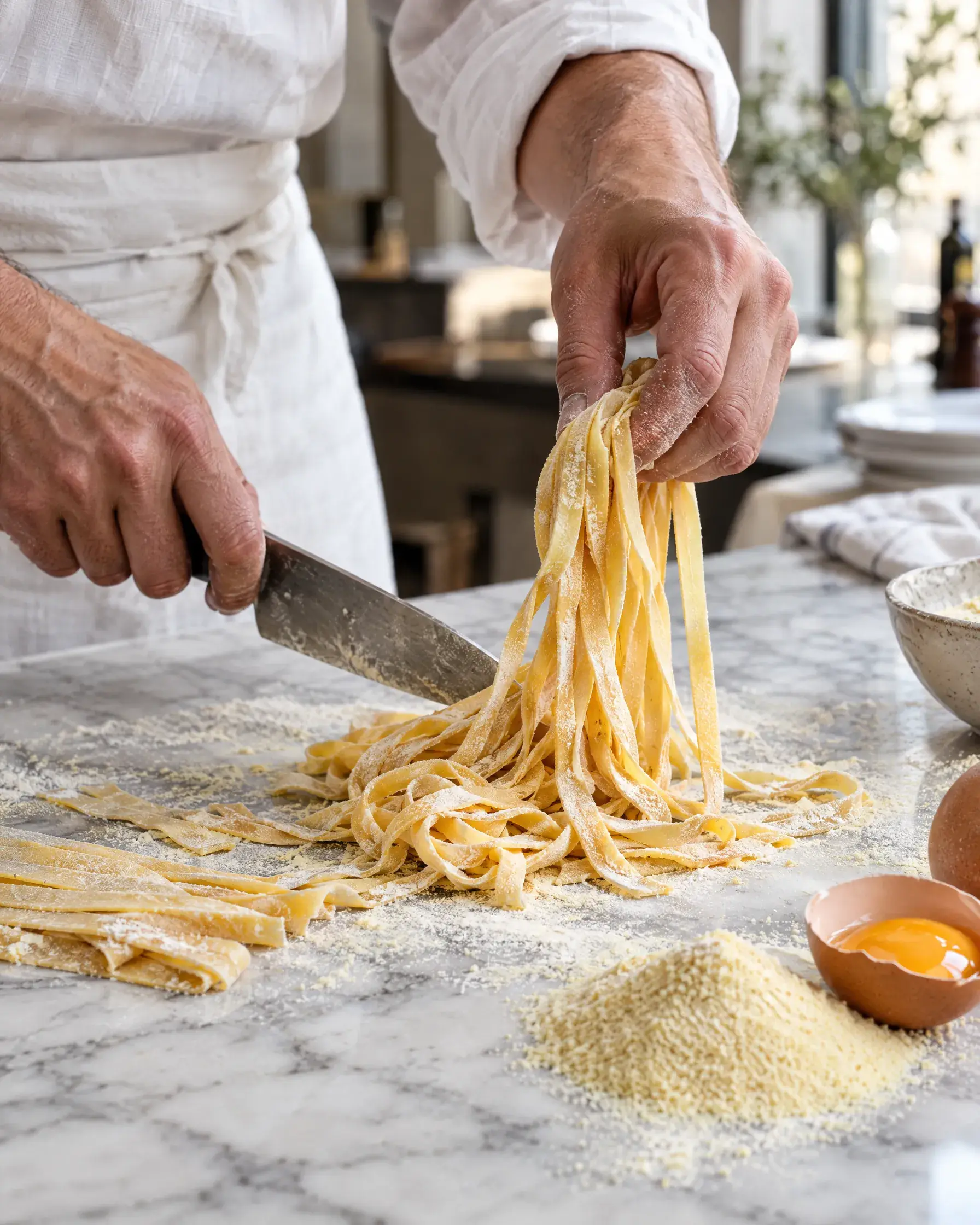Hände schneiden frische Tagliatelle auf bemehltem Marmor