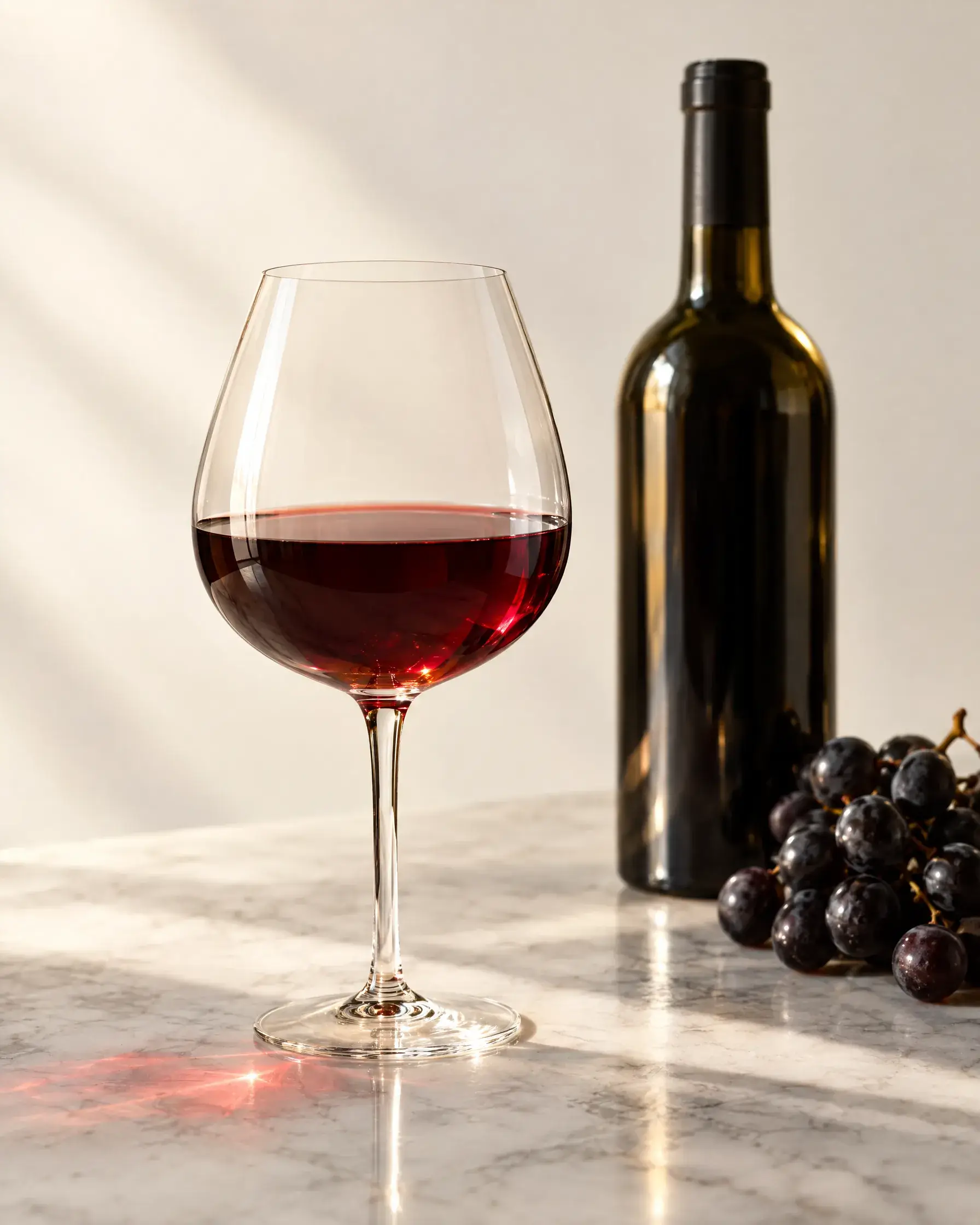 Ein Glas italienischer Rotwein auf Marmor im Abendlicht, daneben Flasche und Trauben
