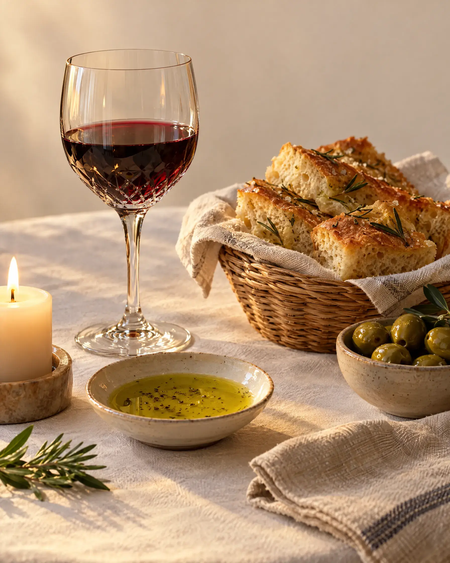 Gedeckter Tisch mit Rotwein, Focaccia und Olivenöl im Abendlicht